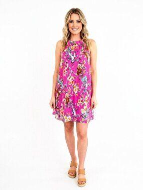 🚨NEW BETSEY JOHNSON Pink Floral Trapeze Swing Mini Dress Wedding Colorful Sz 2